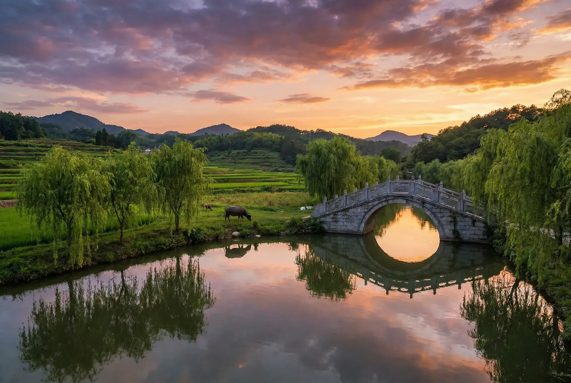 夕阳下的石拱桥与垂柳，水牛在河边吃草 - 80s手机电机网 乡村美景
